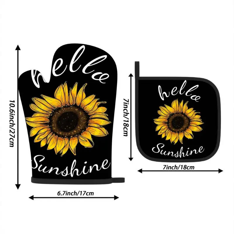 This 2-piece set includes sunflower pattern heat-resistant gloves and a heat-insulating mat. Dimensions: 26.92 x 17.02 cm. Made of polyester, machine washable.
