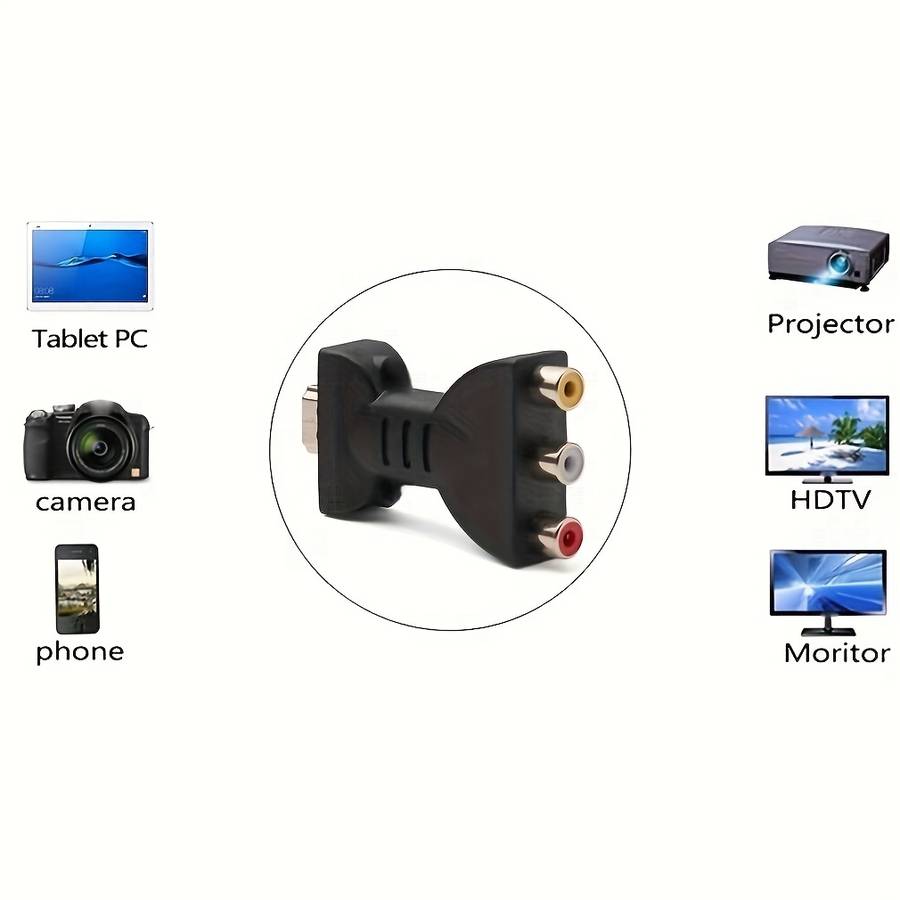 One HDTV to 3-RCA audio/video AV component converter adapter, HDTV male to 3-RCA female composite interface.