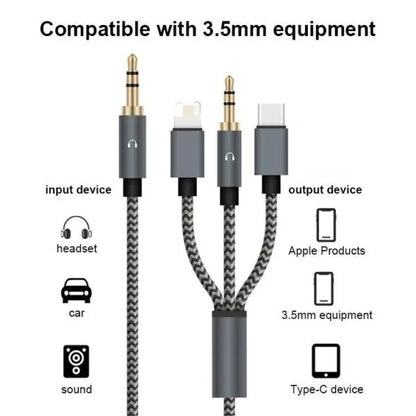 Wolulu AS-51188 Male 3.5mm To Lightning + Type C And 3.5mm Cable 1.2m