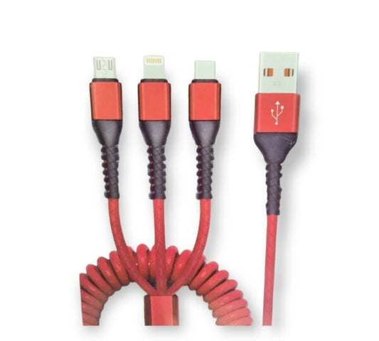 1.5M USB Type C Lightning Micro 3 in 1 Charging Coiled Spring Cable 3A