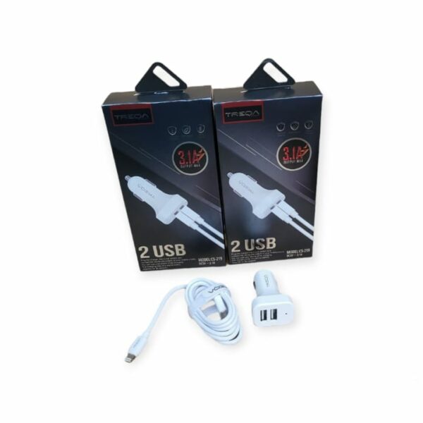 Treqa CS-219-IOS Dual Port USB Car Charger With Lightning USB Cable 3.1A