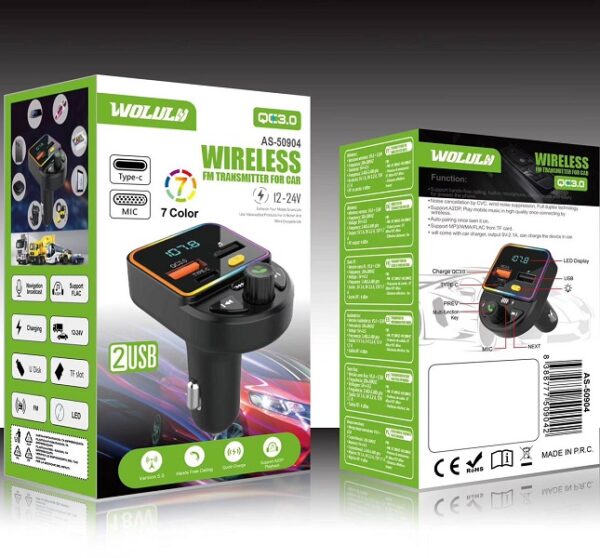 Wolulu AS-50904 FM Modulator 2 USB 1 PD Charger With 7 LED Colour Display