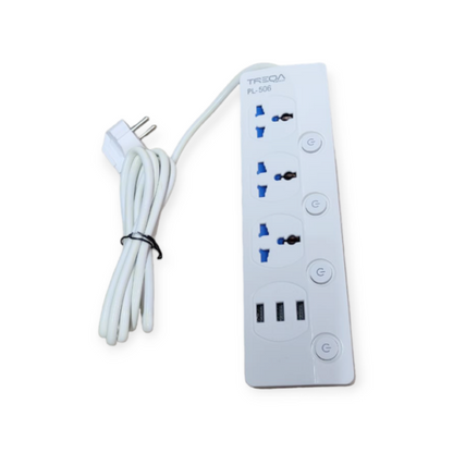 Treqa PL-506 Power Socket 4 With Individual Off Switch + 3 USB Port 2M Cable