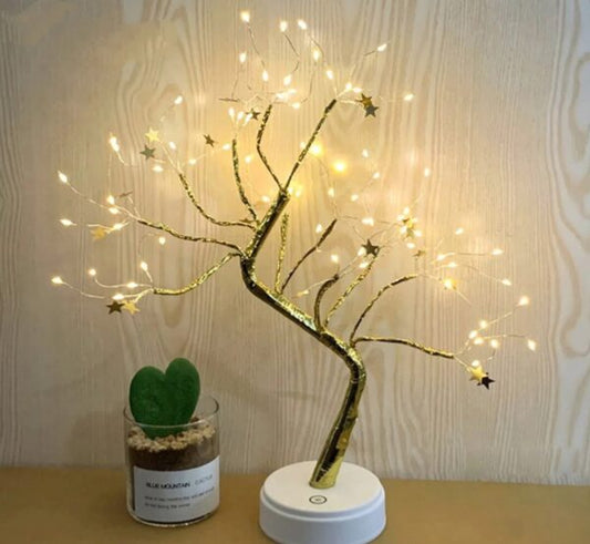 D-4 72 LED Star Gold Leaves Tree Table Lamp With Base USB DC /Battery Operated