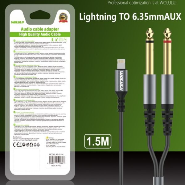 Wolulu AS-51184 Lightning Pin For IOS To Dual Male 6.35 Cable 1.5m