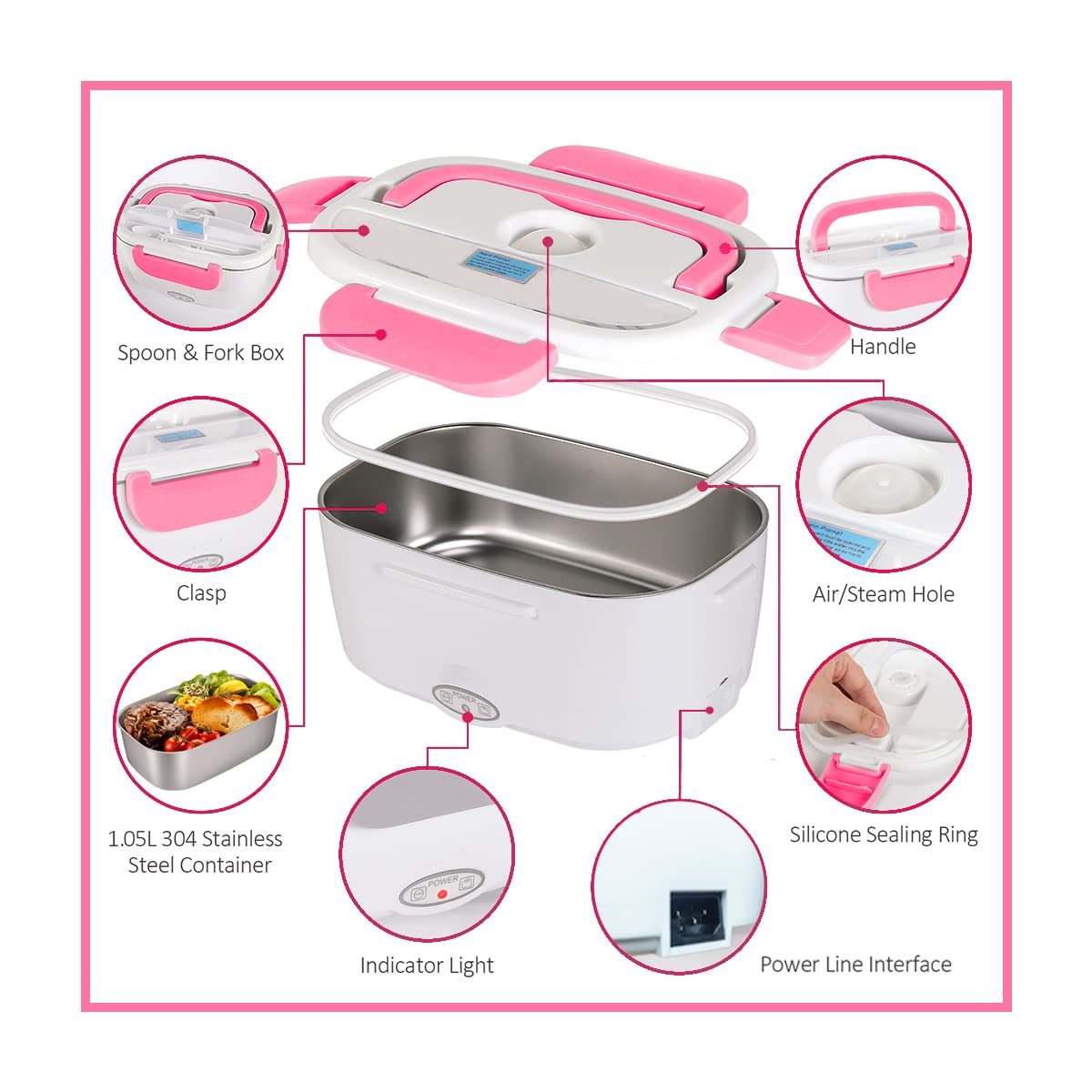 Electric Lunch Box Food Heater, 220V 40W Faster Portable Food Warmer Heated Lunch Box for Adults, Removable 304 Stainless Steel Container 1.5L, Leak Proof, With Spoon (Pink)