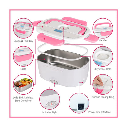 Electric Lunch Box Food Heater, 220V 40W Faster Portable Food Warmer Heated Lunch Box for Adults, Removable 304 Stainless Steel Container 1.5L, Leak Proof, With Spoon (Pink)