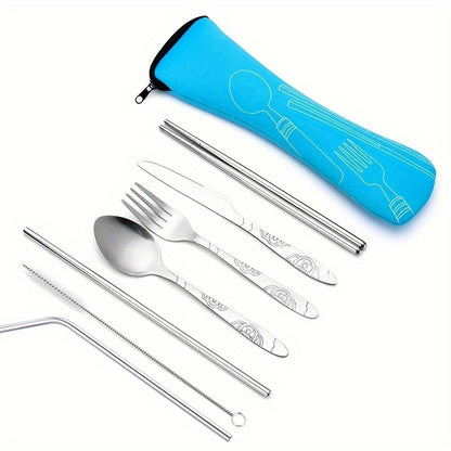 7-Piece Stainless Steel Cutlery Set - Portable and Durable Outdoor Camping Cutlery with Spoon, Fork, Knife and Chopsticks - Great for Travel and Picnics
