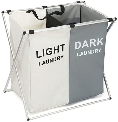 Laundry Basket Foldable 2 Sections Dirty Clothes Hamper with Aluminum Frame Waterproof Sorter Basket Bin for Bathroom Hotel