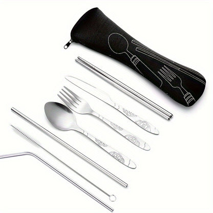 7-Piece Stainless Steel Cutlery Set - Portable and Durable Outdoor Camping Cutlery with Spoon, Fork, Knife and Chopsticks - Great for Travel and Picnics