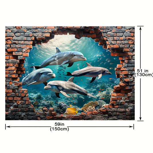 1pc Underwater World Shark and Dolphin Photography Backdrop - Polyester Coral Seaweed Red Brick Wall Painting for Summer Holidays, Room Decoration, Photo Booth,