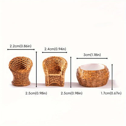 A set of small bamboo furniture, resin figurines for home decoration, small bamboo chair, dustpan, fish basket and bamboo pot.