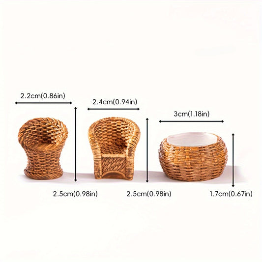 A set of small bamboo furniture, resin figurines for home decoration, small bamboo chair, dustpan, fish basket and bamboo pot.