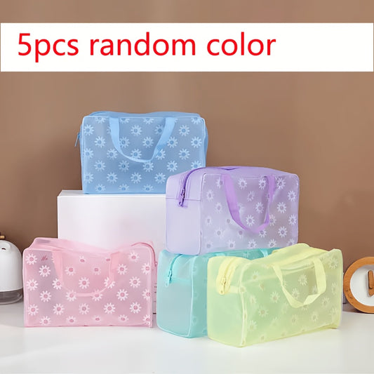 5pcs Floral PVC Waterproof Makeup & Toiletry Bag Set - Foldable, Stain-Resistant with Zip Closure and Dual Handles - Perfect for Travel & Home Organization, Blue
