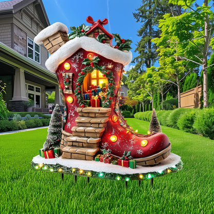 1pc Solar Powered Christmas Elf Boot House Garden Stake, Acrylic Planter Design, Fairy Theme Outdoor Decorative Light Catcher for Lawn, Patio, Home - Holiday Decoration