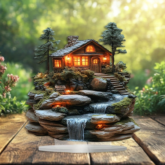 1 Bohemian Acrylic Mountain Cabin Decorative Sign with Waterfall - Desktop Display for Home and Office, Multipurpose Bohemian Decorative Plaque, Ideal Gift for All Occasions - No Text, Set of 1