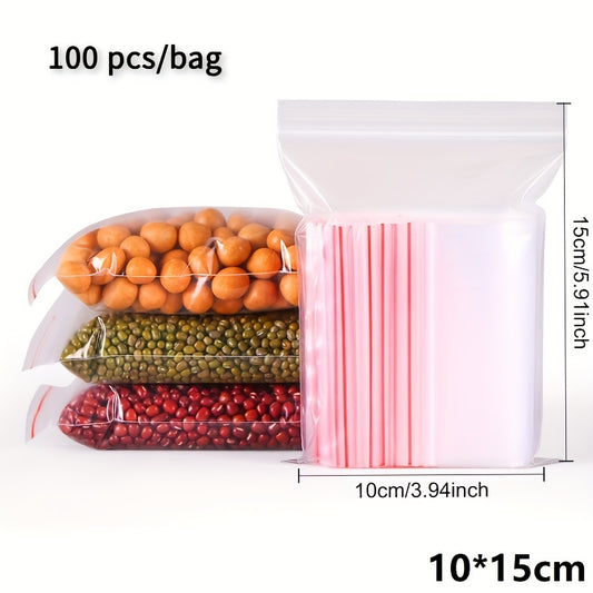100 Pack of Durable PET Resealable Ziplock Bags, Stain Resistant, Single Use, Snap Closure - Great for Food Packaging and Delivery, Multiple Sizes for Snacks, Nuts and Candy Storage