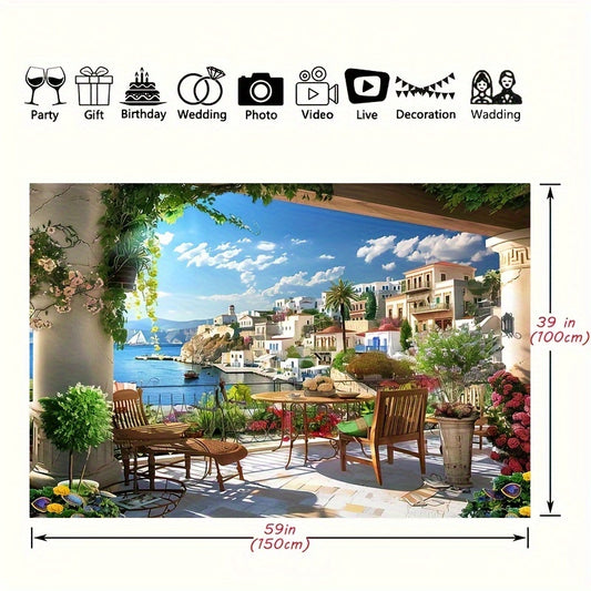 1pcs, Fabric Italian Photography Background Tuscany Garden Terrace Mediterranean Bay Coastal City Landscape Spring Flowers Roman Columns Italian Background Couple Adult Italian Photography Props