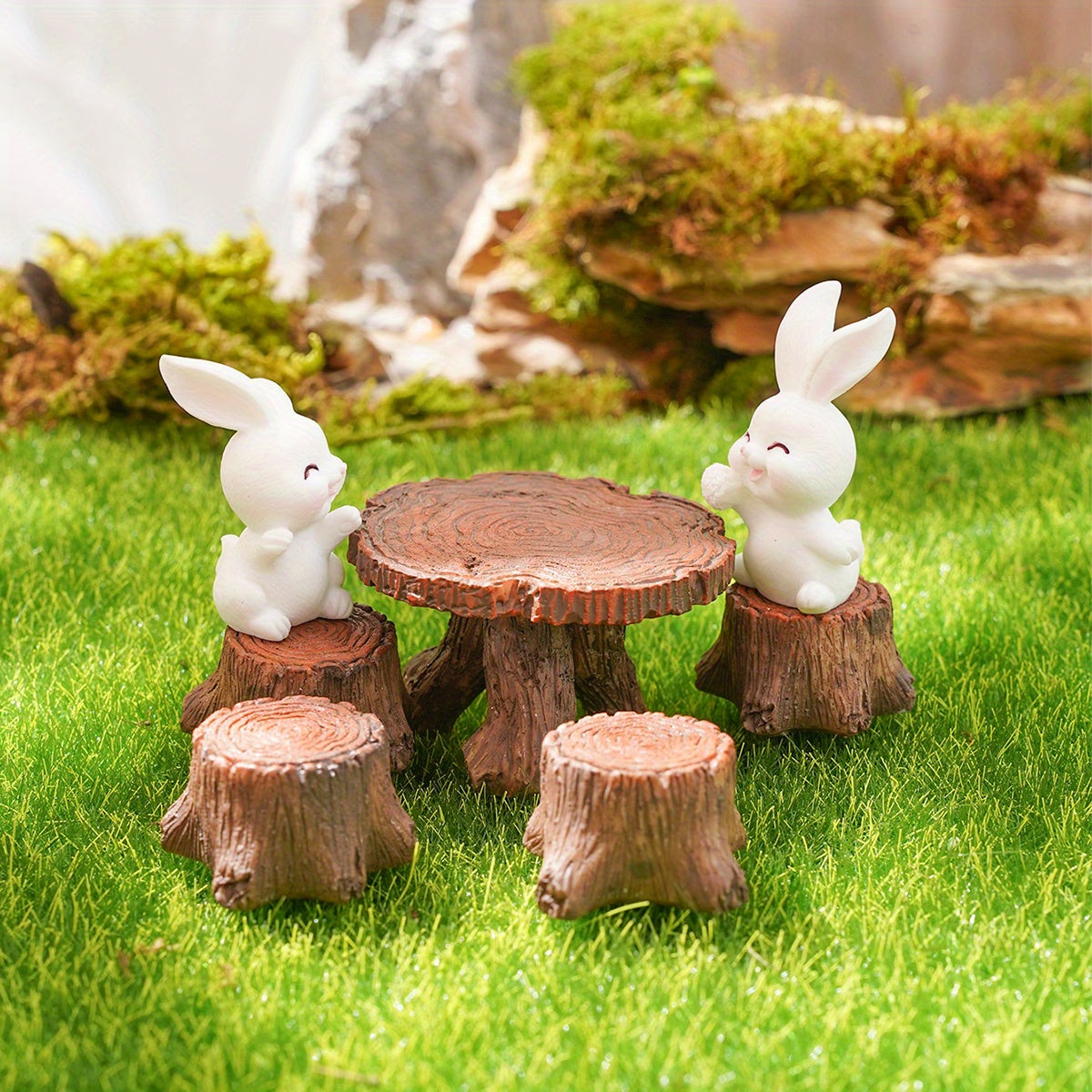 5-Piece Cute Miniature Fairy Garden Furniture Set, Resin Made Imitation Wood Table and Chairs, Hand-Painted Mini Figurines, Perfect for Garden Pots and Miniature Landscape Decorations