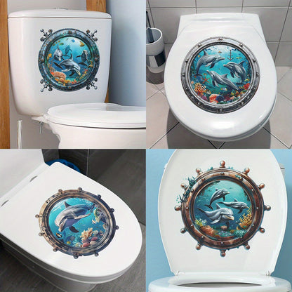1 pc Whimsical Undersea World Toilet Decal - Waterproof PVC, Self-adhesive Bathroom Sticker with Dolphin and Whale Graphics for Home Decor