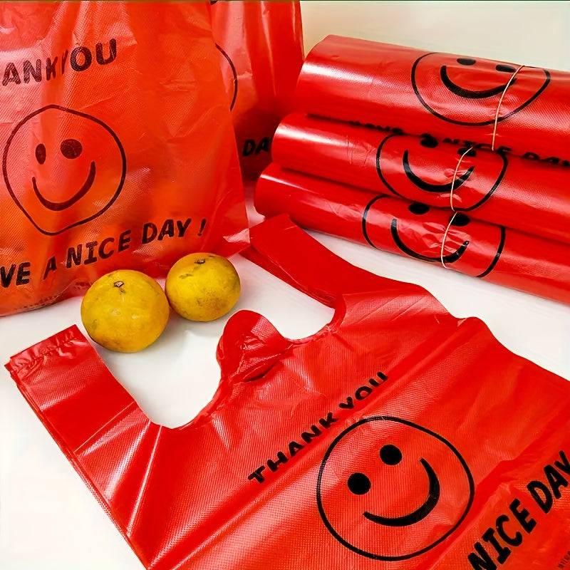 50pcs Red Plastic T-Shirt Bags with Smiley Thank You Design - Durable Retail Grocery Shopping Takeaway Bags for Food Takeaway and Fruit Packaging