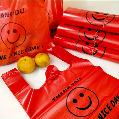 50pcs Red Plastic T-Shirt Bags with Smiley Thank You Design - Durable Retail Grocery Shopping Takeaway Bags for Food Takeaway and Fruit Packaging
