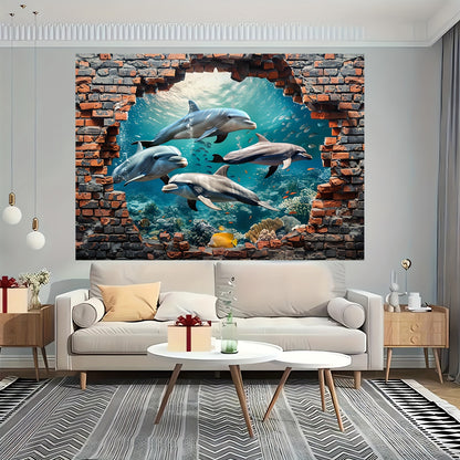 1pc Underwater World Shark and Dolphin Photography Backdrop - Polyester Coral Seaweed Red Brick Wall Painting for Summer Holidays, Room Decoration, Photo Booth,