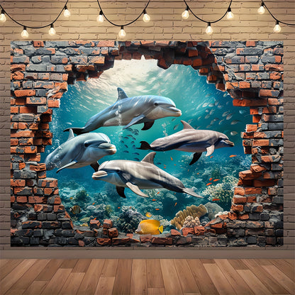 1pc Underwater World Shark and Dolphin Photography Backdrop - Polyester Coral Seaweed Red Brick Wall Painting for Summer Holidays, Room Decoration, Photo Booth,