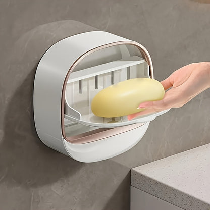 Easy to install wall mounted soap dish with lid - double layer plastic storage rack for bathroom and kitchen