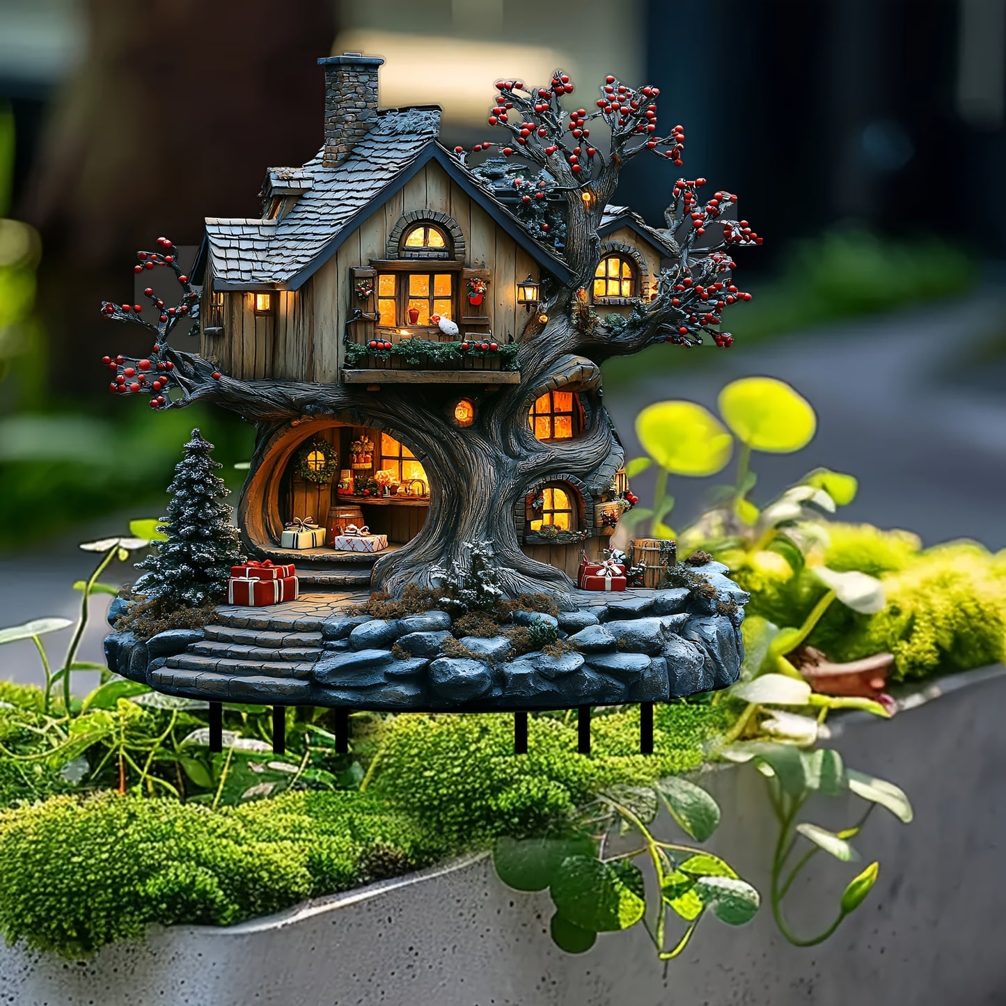 Charming Christmas Fairytale Acrylic Tree House Sculpture - Perfect garden and lawn decoration, ideal holiday party accessory and gift for good friends or new home