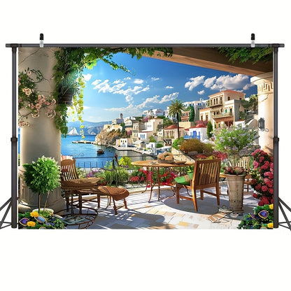 1pcs, Fabric Italian Photography Background Tuscany Garden Terrace Mediterranean Bay Coastal City Landscape Spring Flowers Roman Columns Italian Background Couple Adult Italian Photography Props