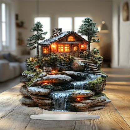 1 Bohemian Acrylic Mountain Cabin Decorative Sign with Waterfall - Desktop Display for Home and Office, Multipurpose Bohemian Decorative Plaque, Ideal Gift for All Occasions - No Text, Set of 1