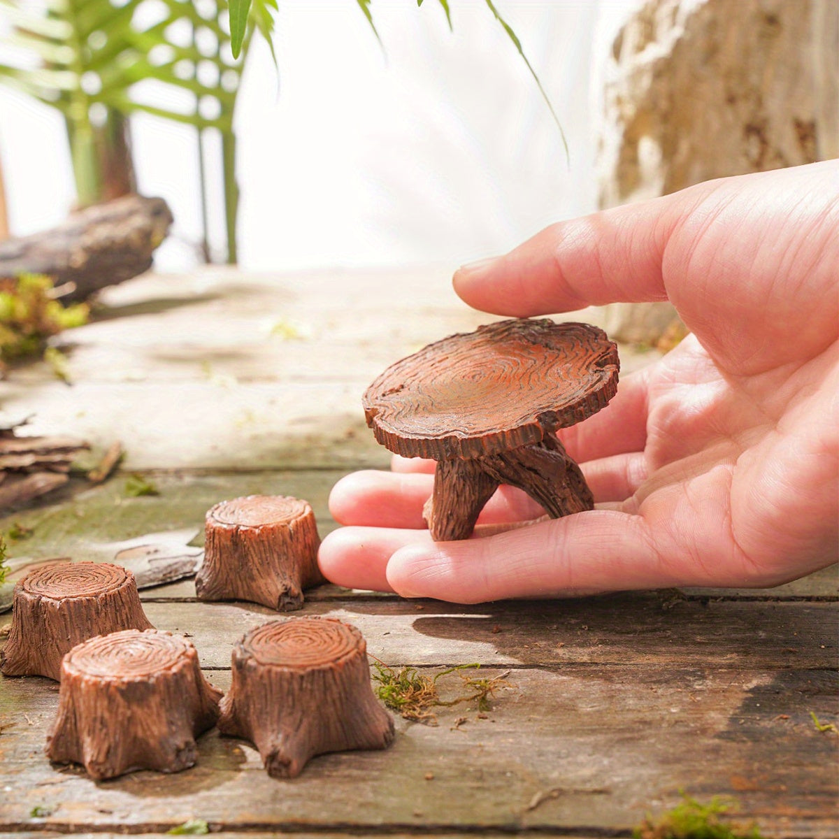 5-Piece Cute Miniature Fairy Garden Furniture Set, Resin Made Imitation Wood Table and Chairs, Hand-Painted Mini Figurines, Perfect for Garden Pots and Miniature Landscape Decorations