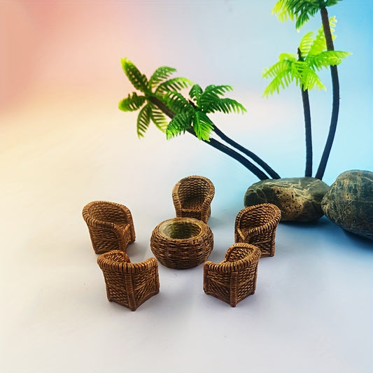 Set of 6 resin miniature figurines - Handcrafted bamboo chair, basket and jar - Multipurpose decoration for indoor and outdoor spaces - Versatile