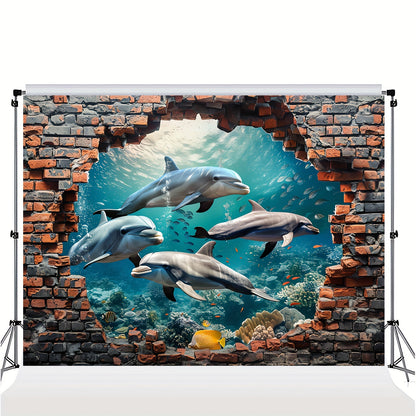1pc Underwater World Shark and Dolphin Photography Backdrop - Polyester Coral Seaweed Red Brick Wall Painting for Summer Holidays, Room Decoration, Photo Booth,