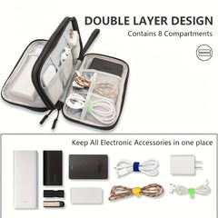 1 Dual Layer Electronic Accessories Organizer with 8 Compartments Waterproof Travel Organizer for Chargers, Cables, Headphones, USB Drives - Durable Fabric, Hand Washable/Dry Cleanable