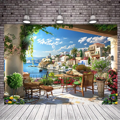 1pcs, Fabric Italian Photography Background Tuscany Garden Terrace Mediterranean Bay Coastal City Landscape Spring Flowers Roman Columns Italian Background Couple Adult Italian Photography Props