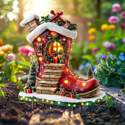 1pc Solar Powered Christmas Elf Boot House Garden Stake, Acrylic Planter Design, Fairy Theme Outdoor Decorative Light Catcher for Lawn, Patio, Home - Holiday Decoration