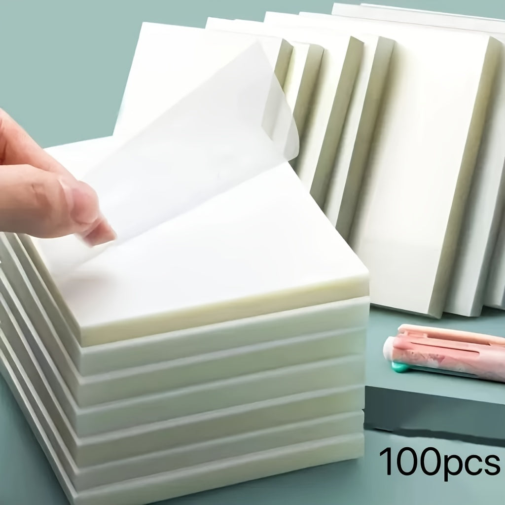 100 Clear Sticky Notes - Waterproof, Medium Square Sticky Notes for Students and Office Use
