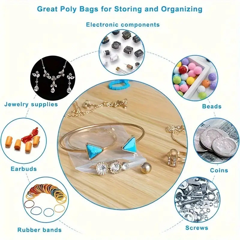 100 Pack of Durable PET Resealable Ziplock Bags, Stain Resistant, Single Use, Snap Closure - Great for Food Packaging and Delivery, Multiple Sizes for Snacks, Nuts and Candy Storage