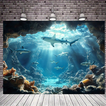 Underwater Sea Life Polyester Backdrop, Ocean Shark Coral Fish Wall Decor for Birthday and Bachelorette Parties | Non-Motorized, Multipurpose Banner for General Celebrations