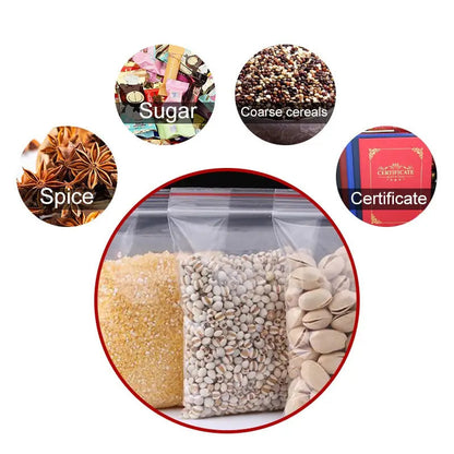 100 Pack of Durable PET Resealable Ziplock Bags, Stain Resistant, Single Use, Snap Closure - Great for Food Packaging and Delivery, Multiple Sizes for Snacks, Nuts and Candy Storage