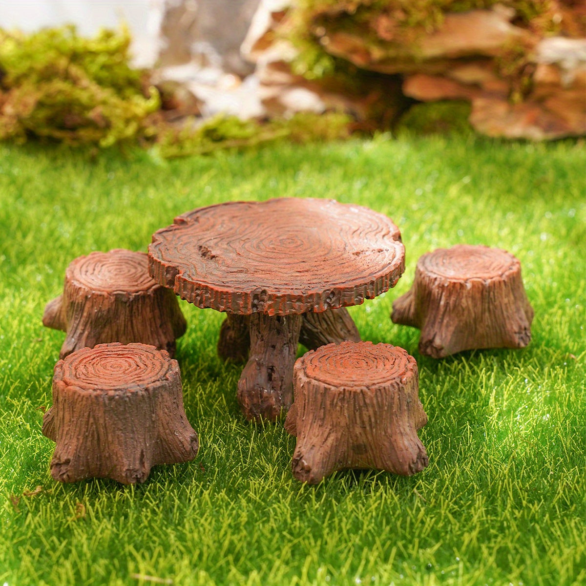 5-Piece Cute Miniature Fairy Garden Furniture Set, Resin Made Imitation Wood Table and Chairs, Hand-Painted Mini Figurines, Perfect for Garden Pots and Miniature Landscape Decorations