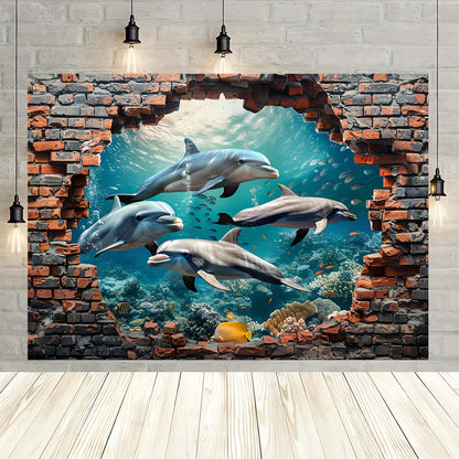1pc Underwater World Shark and Dolphin Photography Backdrop - Polyester Coral Seaweed Red Brick Wall Painting for Summer Holidays, Room Decoration, Photo Booth,