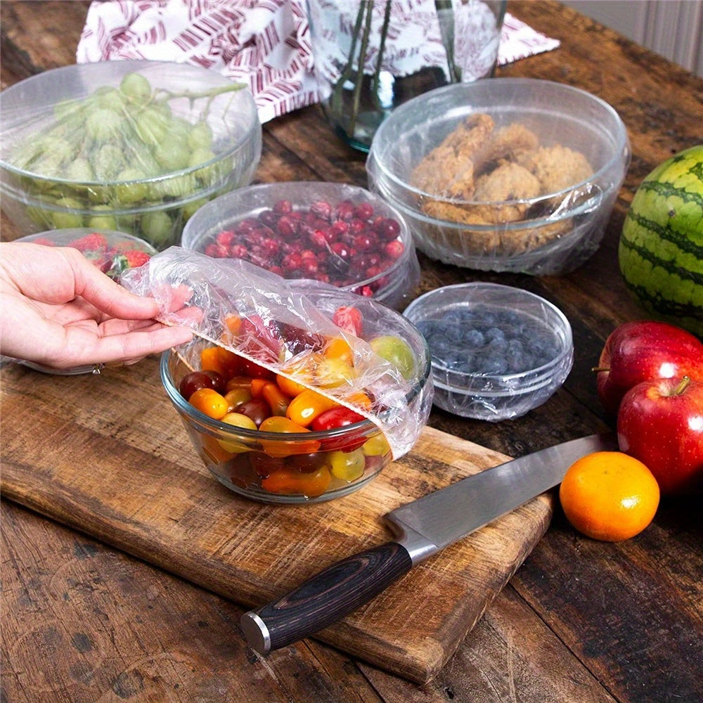 300pcElastic Food Covers - Disposable Plastic Bowl & Vegetable Freshness Wraps for Kitchen and Dining, Perfect for Home Use