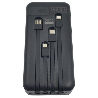 Portable 20,000 mAh Power Bank with Built-In Cables