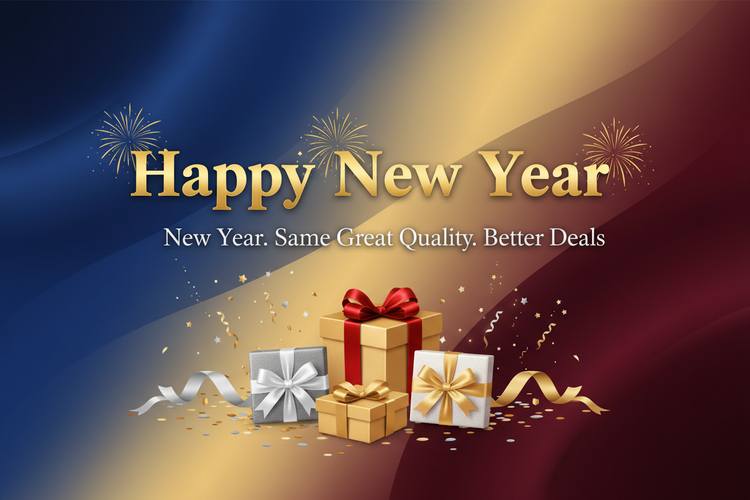 A banner featuring a "Happy New Year" message and a gift display. The image is a solid color gradient background, 1248*830 pixels, with the text "Happy New Year" and "New Year. Same. Great Quality. Better Deals."