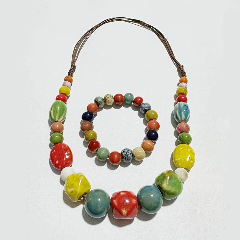A Set of Two Includes a Necklace And a Bracelet  Featuring a Dopamine Ceramic Necklace with Colorful Beads  Handmade And Adjustable in Length  Perfect for Women'S Fashion Accessories.