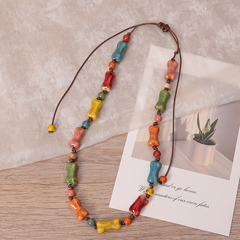 Bohemian Style Ceramic Pearl Adjustable Necklace   Handmade  High Temperature Fired  Multicolor Rose Pattern Gemstone  Versatile Sweater Chain. Bohemian Fashion Jewelry  Perfect for Daily Wear and Special Occasions  Ideal Gift for Valentine'S Day  Mother'