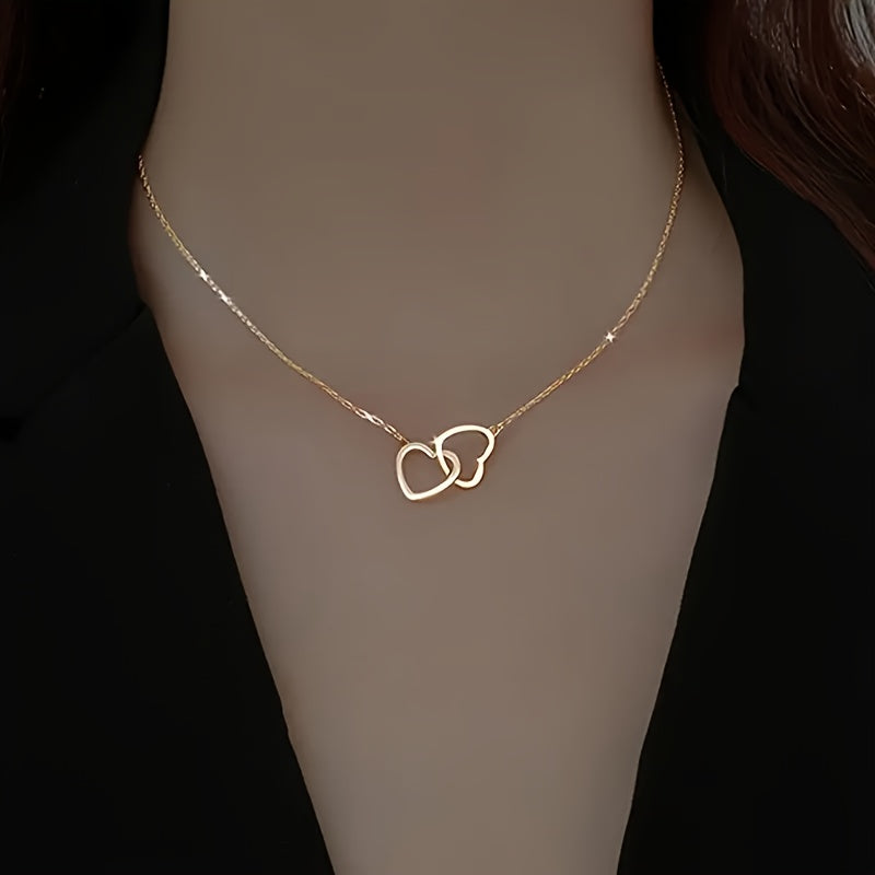 Elegant & Cute Heart to Heart Pendant Necklace for Women   Golden Tone Interconnected Hearts Symbolizing Love & Harmony  Delicate Chain for Casual Attire  Parties & Valentine's Day Gift  Year Round Jewelry  Heart Necklace  Party Accessory  Twisted Heart D